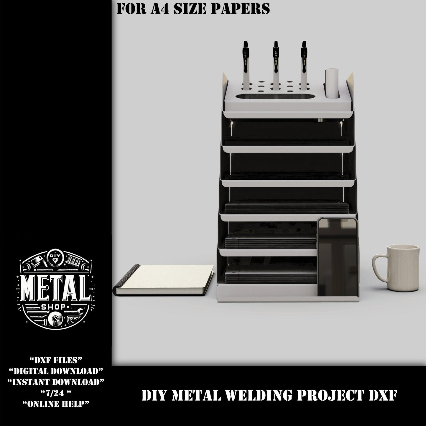 A4 Organizer Desktop Shelf Sheet Metal Project, A4 Paper Tray Desktop Organizer DXF Files, Diy Metal Shelf dxf files for laser plasma cnc