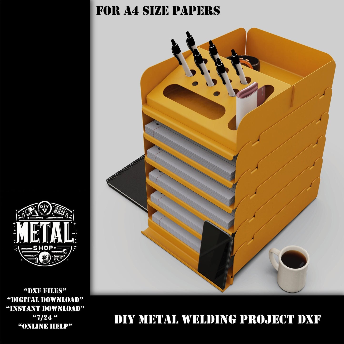 A4 Organizer Desktop Shelf Sheet Metal Project, A4 Paper Tray Desktop Organizer DXF Files, Diy Metal Shelf dxf files for laser plasma cnc