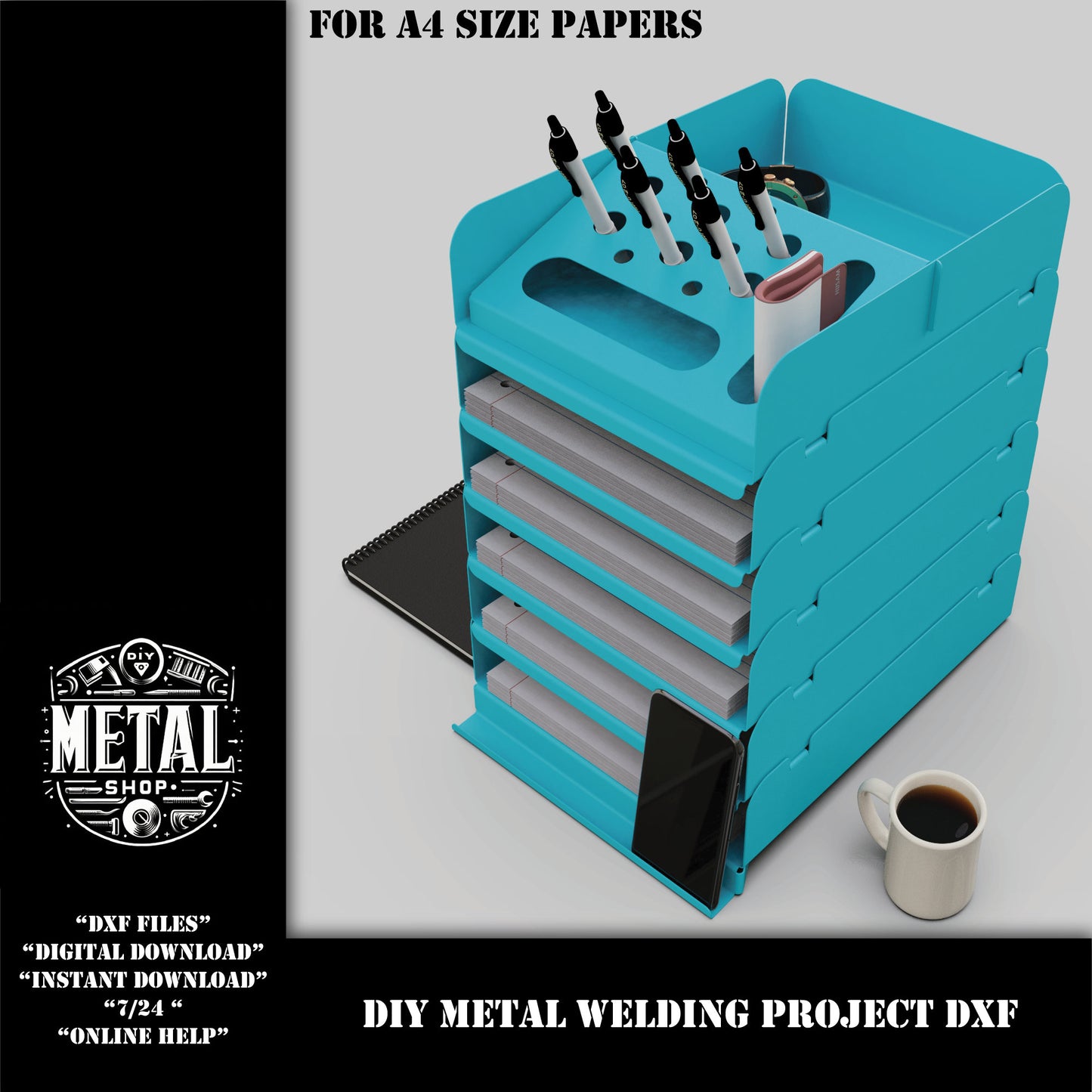 A4 Organizer Desktop Shelf Sheet Metal Project, A4 Paper Tray Desktop Organizer DXF Files, Diy Metal Shelf dxf files for laser plasma cnc